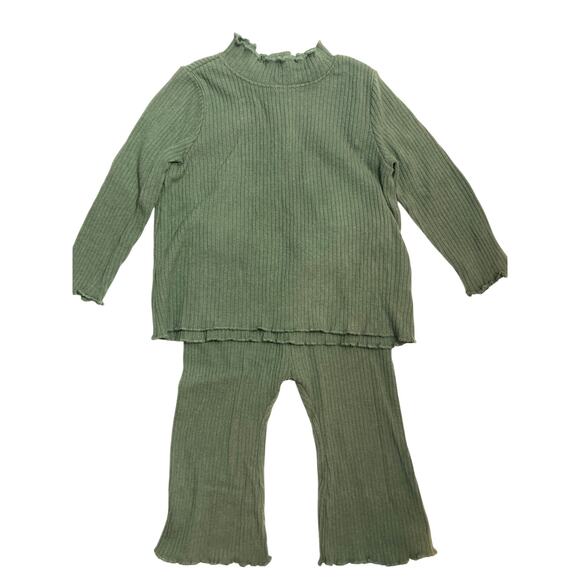 Old Navy Two Piece Green Rib Knit Ruffle Neck Flare Pants Matching Set Outfit - Picture 1 of 10